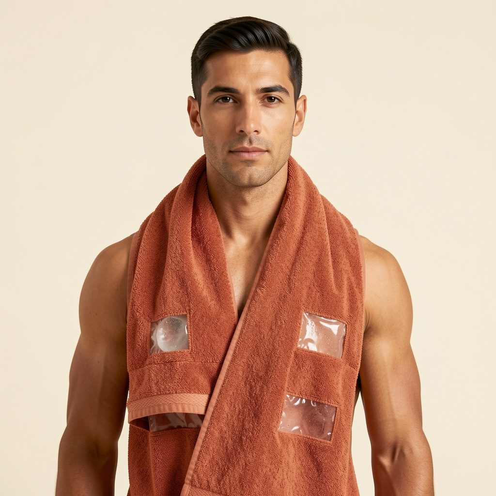 Lumbar Towel — worn view, Ember